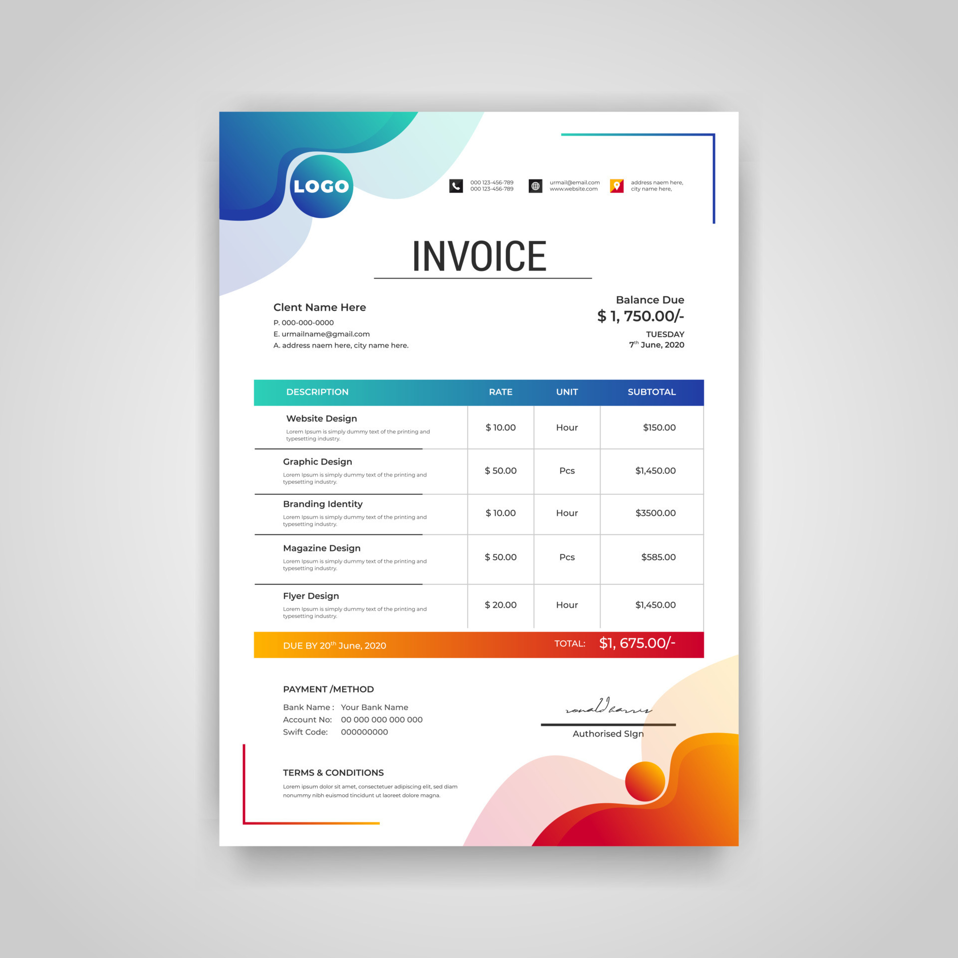 Abstract modern colorful business invoice template quotation invoice