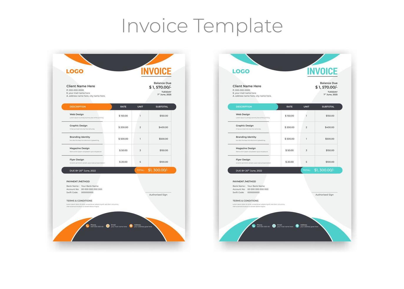 Creative and Unique abstract style business invoice template. Quotation