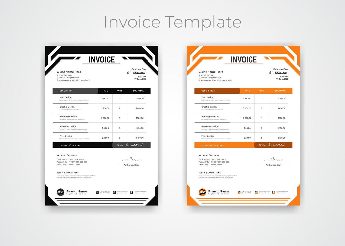 Abstract modern minimalist style business invoice template. Quotation Invoice Layout Template Paper Sheet Include Accounting, Price, Tax, and Quantity. With color variation Vector illustration