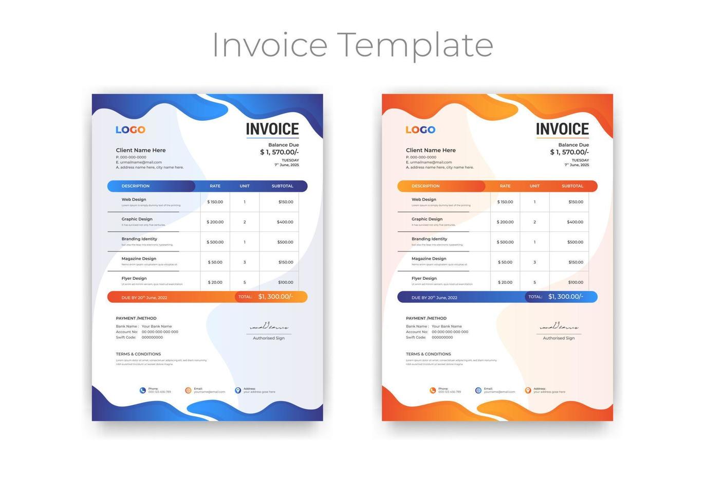 plantilla de factura comercial de estilo degradado moderno abstracto. la hoja de papel de la plantilla de diseño de factura de cotización incluye contabilidad, precio, impuestos y cantidad. con variación de color ilustración vectorial de vector