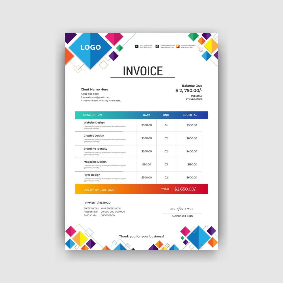 Abstract modern colorful business invoice template. Quotation Invoice Layout Template Paper Sheet Include of Accounting, Price, Tax and Quantity. Vector illustration of Finance Document