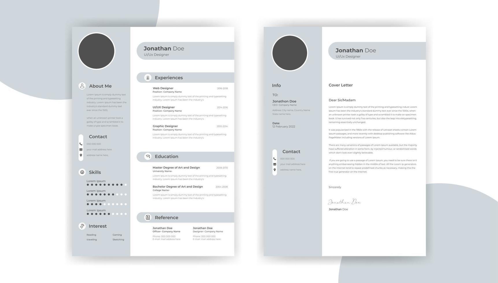 Professional CV Resume Template Design and Letterhead  Cover Letter for Ui Ux Designer. Cv Layout with Photo Placeholder. Vector Minimalist Style