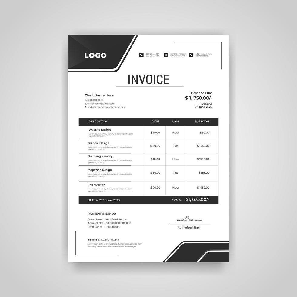 Abstract modern black and white business invoice template. Quotation Invoice Layout Template Paper Sheet Include of Accounting, Price, Tax and Quantity. Vector illustration of Finance Document