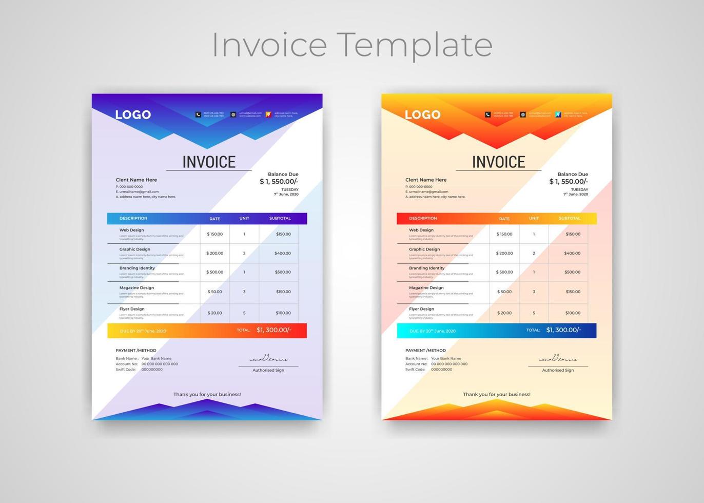 plantilla de factura de negocio colorida moderna abstracta. la hoja de papel de la plantilla de diseño de factura de cotización incluye contabilidad, precio, impuestos y cantidad. con ilustración de vector de variación de color