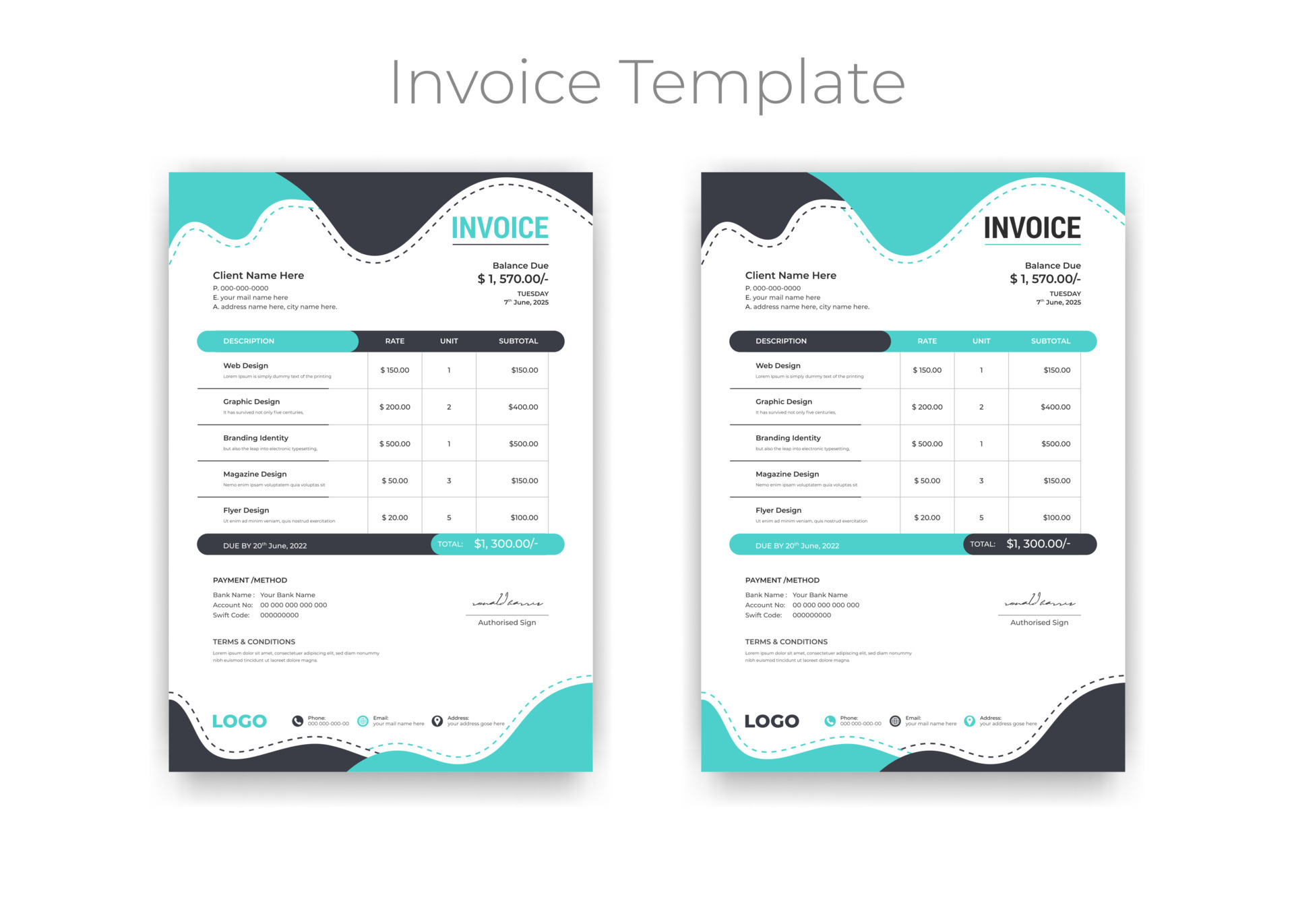 Creative and Unique abstract wave flat style business invoice template Creative and Unique abstract wave flat style business invoice template