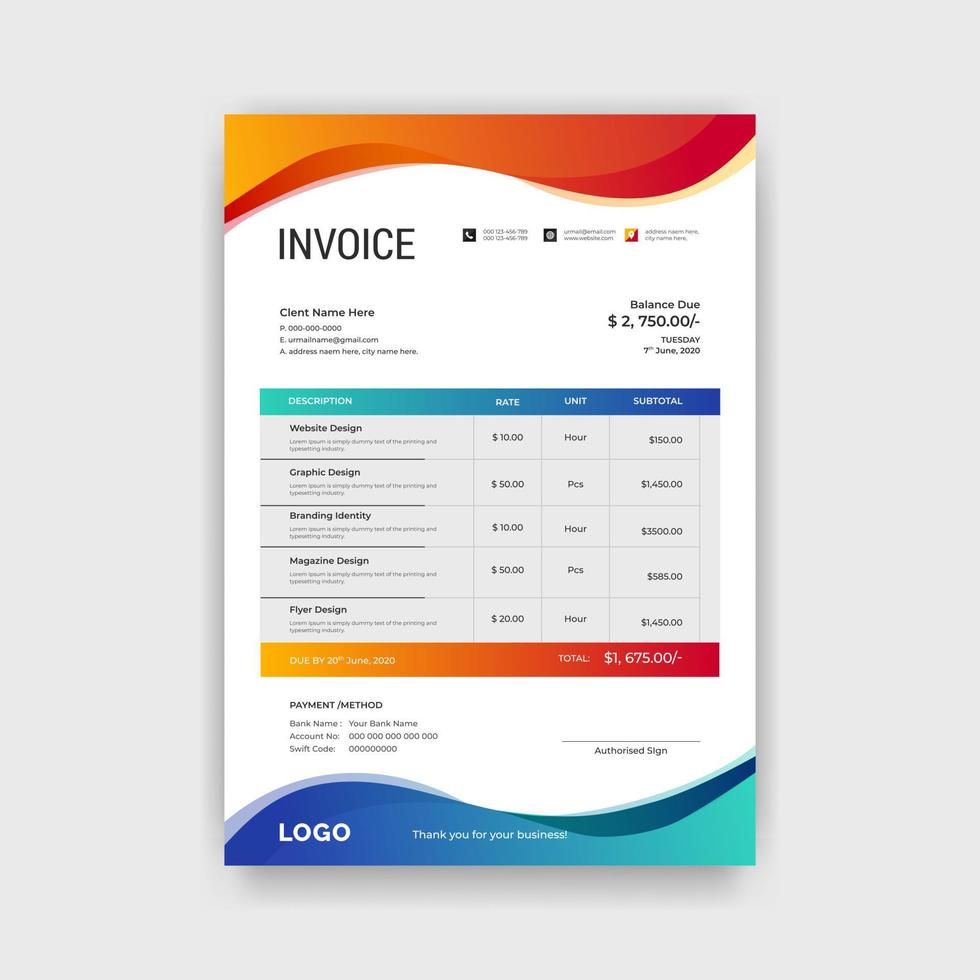 Abstract modern colorful business invoice template. Quotation Invoice Layout Template Paper Sheet Include of Accounting, Price, Tax and Quantity. Vector illustration of Finance Document