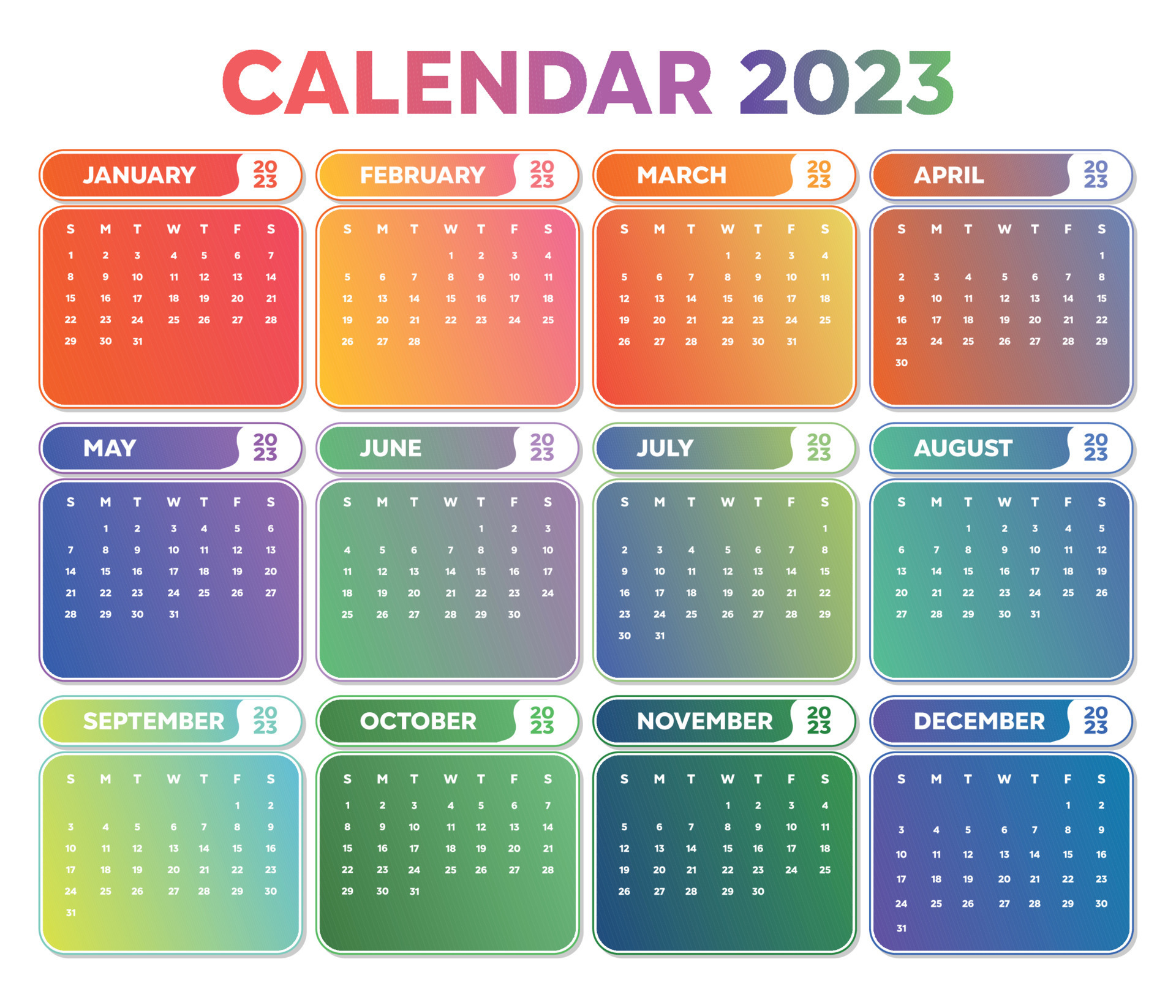 Gradient 2023 colorful calendar template 10697611 Vector Art at Vecteezy