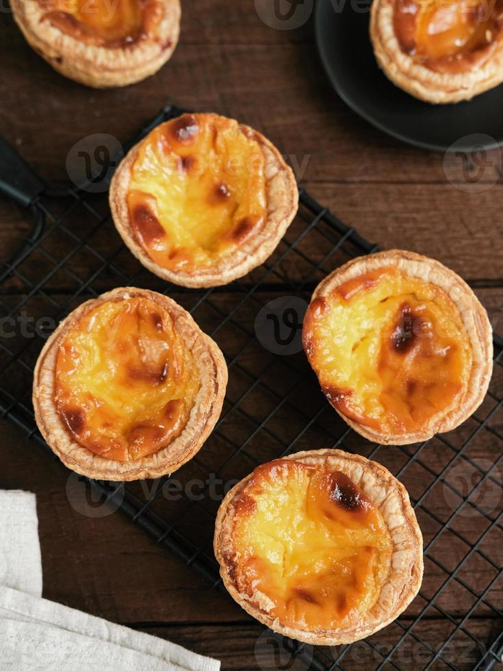 Portuguese eggtart or Egg tart, traditional Portuguese dessert. Served on a white plate. Blurred background and selective focus image. photo