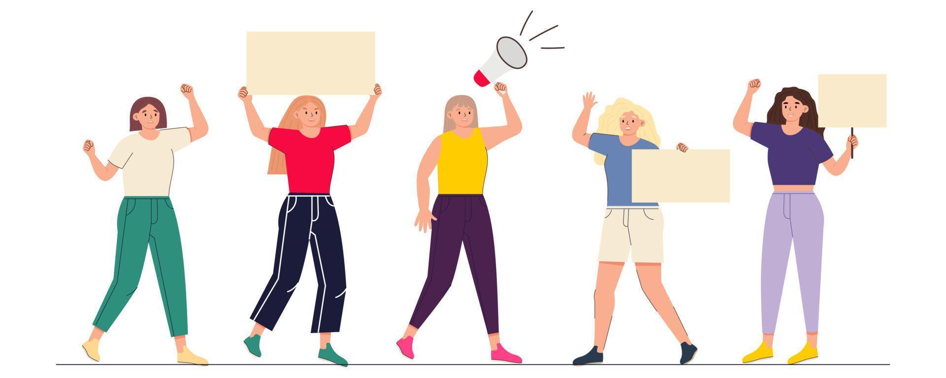 los activistas protestan con un megáfono y un cartel. mujeres jóvenes con las manos levantadas participan en una protesta. ilustración vectorial de un personaje de dibujos animados en un estilo plano. vector