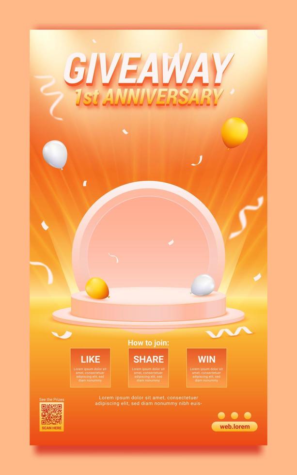 Giveaway anniversary with podium on spotlight background poster and stories social media template vector