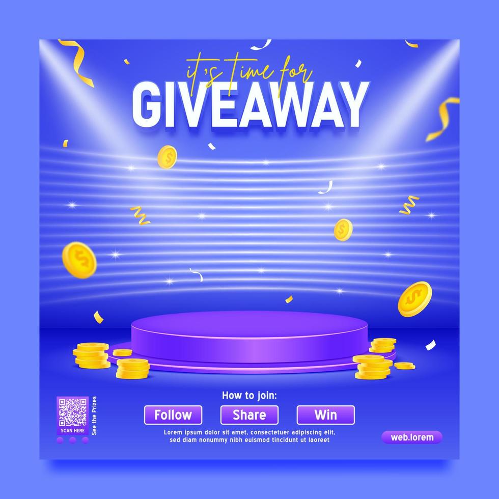 Giveaway template with podium and spotlight, flying golds coin, neon line background vector