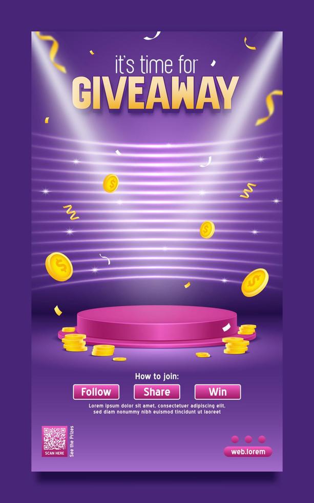 Giveaway poster template with podium on spotlight neon line background vector