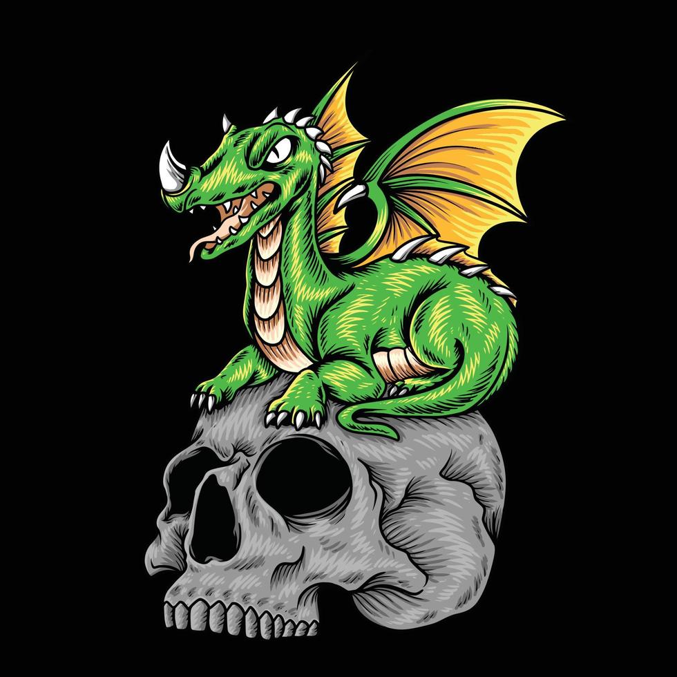 dibujos animados de dragón de cabeza de cráneo verde vector