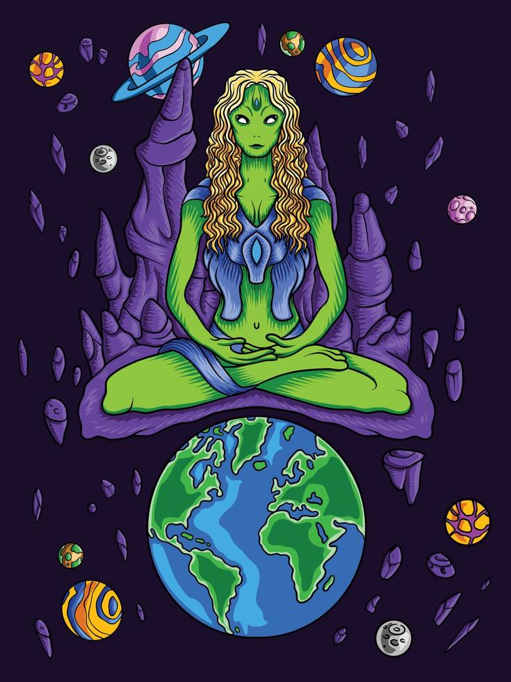 Goddess alien meditation healing in space vector