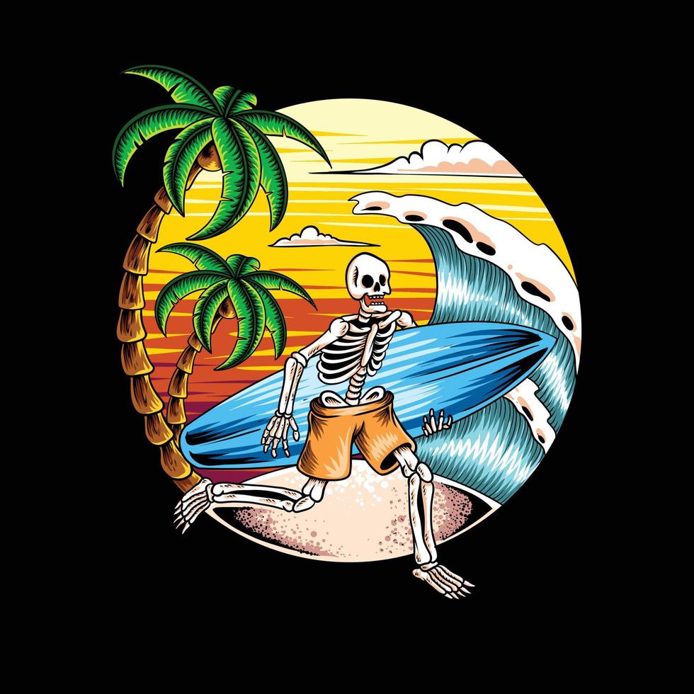 Summer Surfing skeleton at sunset beach vector