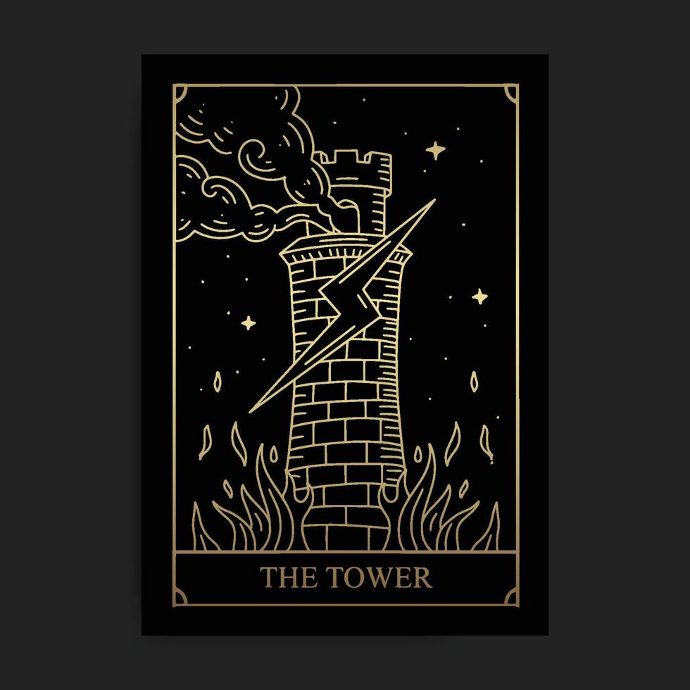 la Torre. Ilustración de vector de tarjeta de tarot de lujo dorado arcana mayor