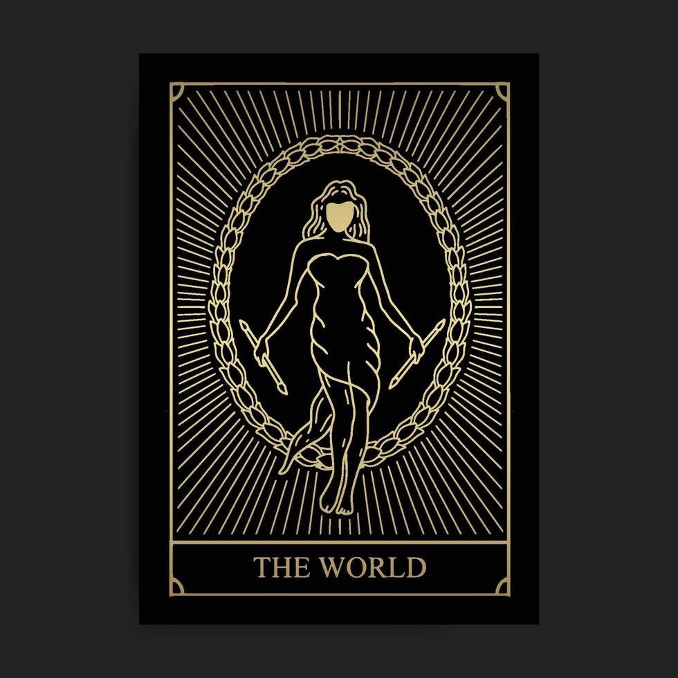 The world. Major Arcana golden luxury tarot card series vector illustration