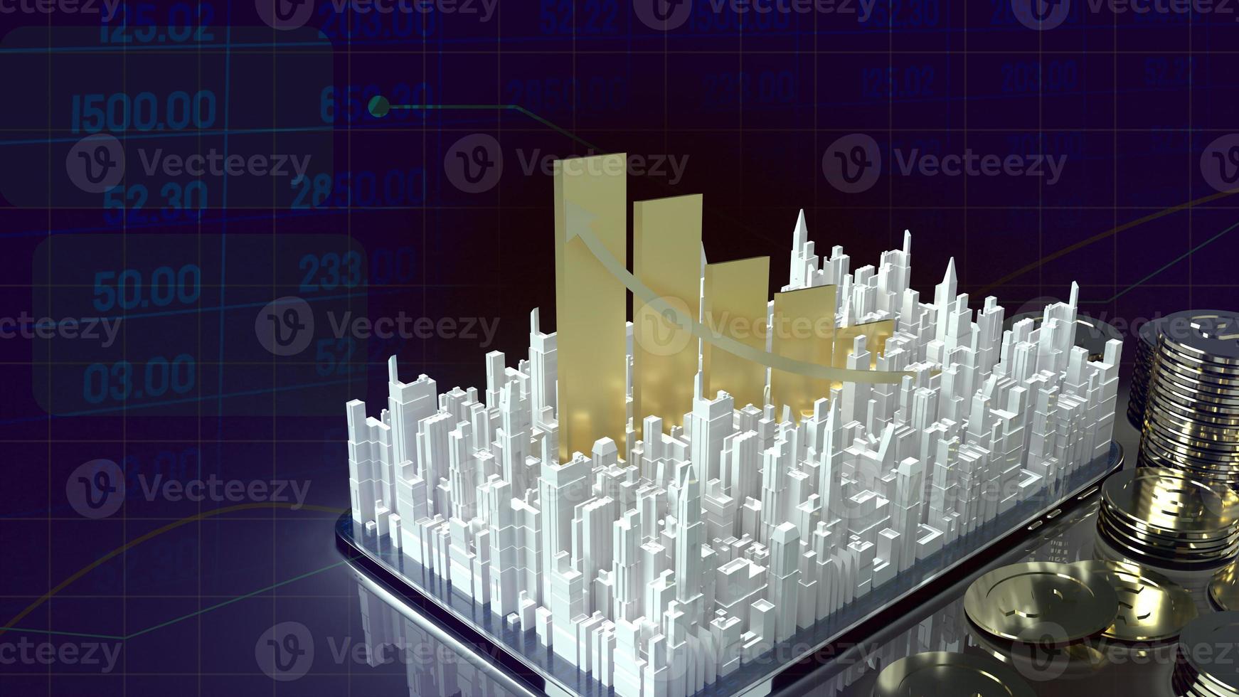 building city and chart arrow up on tablet for property content 3d rendering. photo