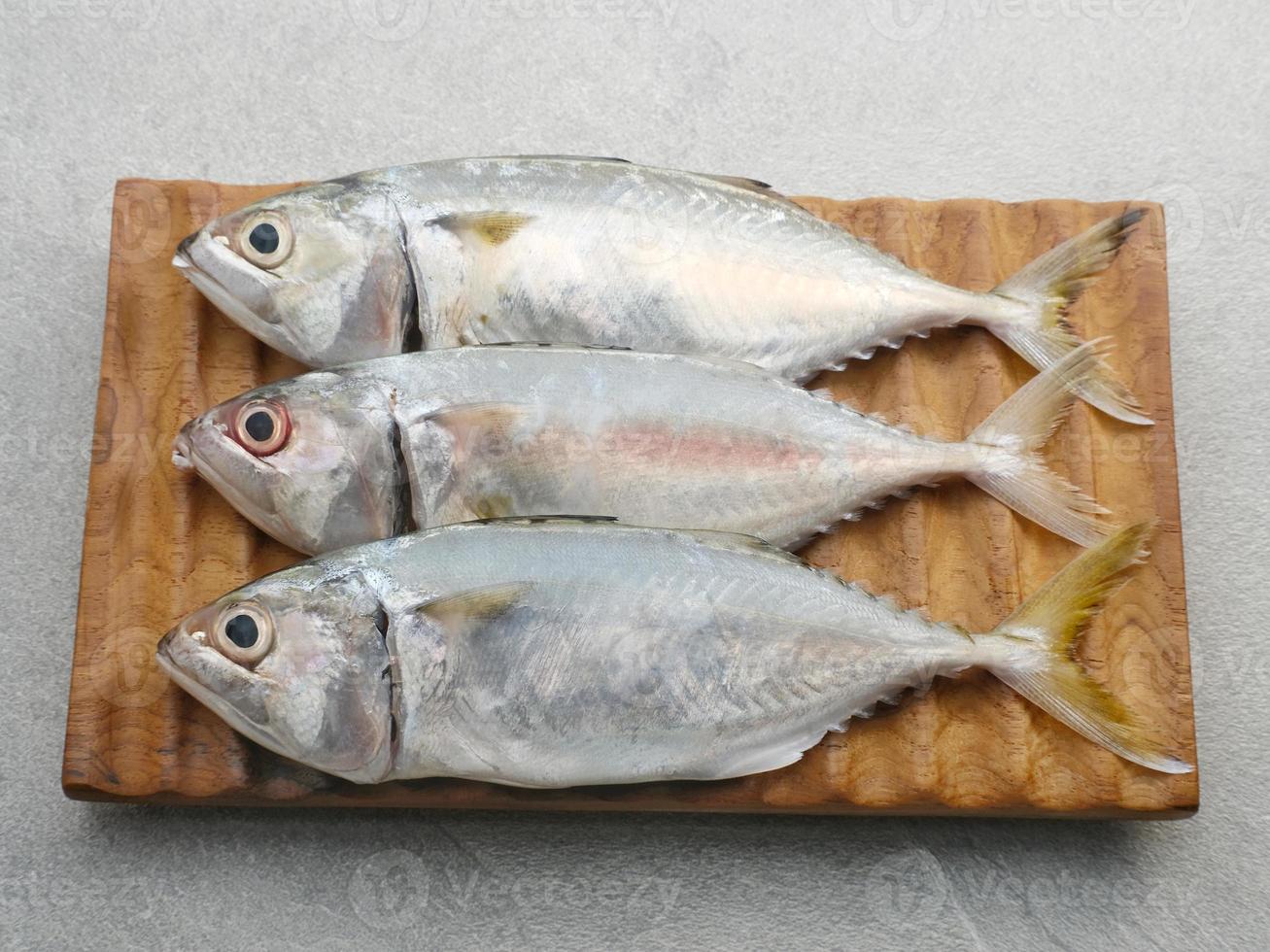 ikan kembung, pescado kembung o pescado caballa en una tabla de cortar de madera. foto