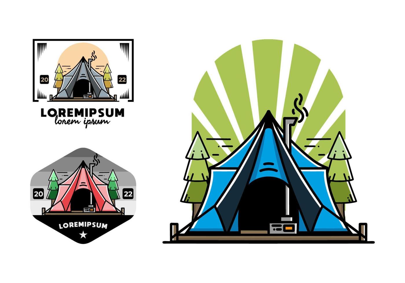 Large glamping tent with heater and chimney illustration design vector