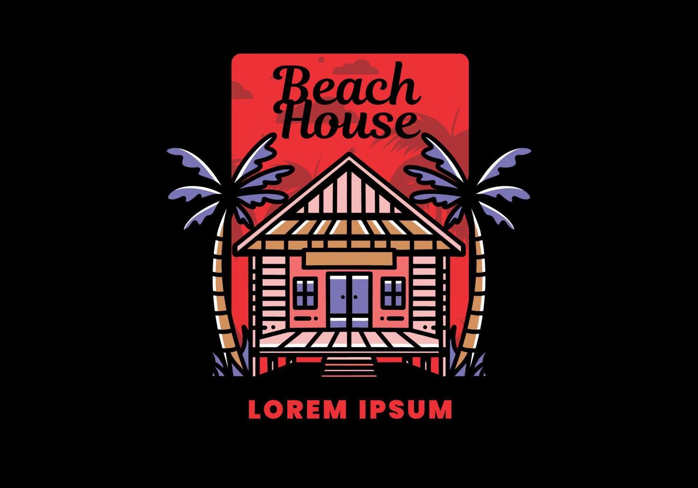 Wood house on the beach illustration badge design vector