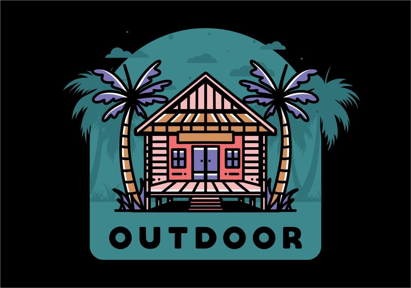 Wood house on the beach illustration badge design vector
