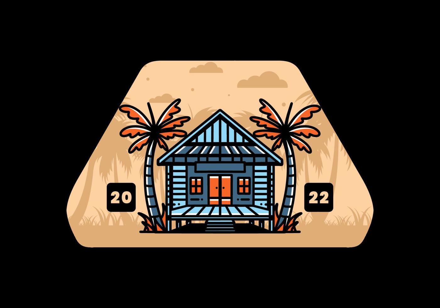 Wood house on the beach illustration badge design vector