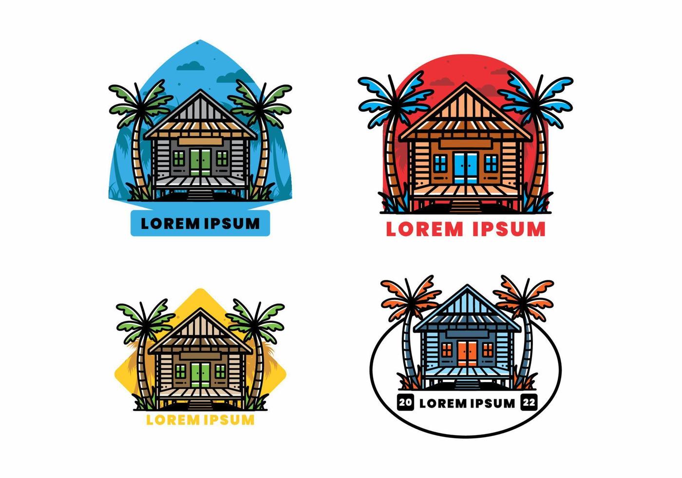 Wood house on the beach illustration badge design vector