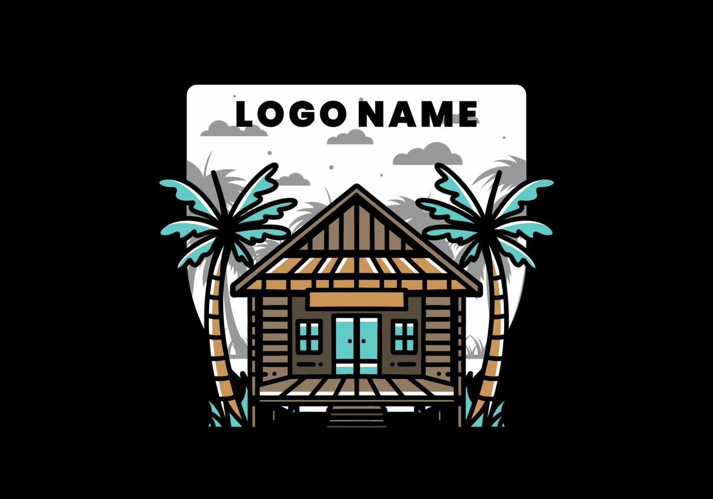 Wood house on the beach illustration badge design vector