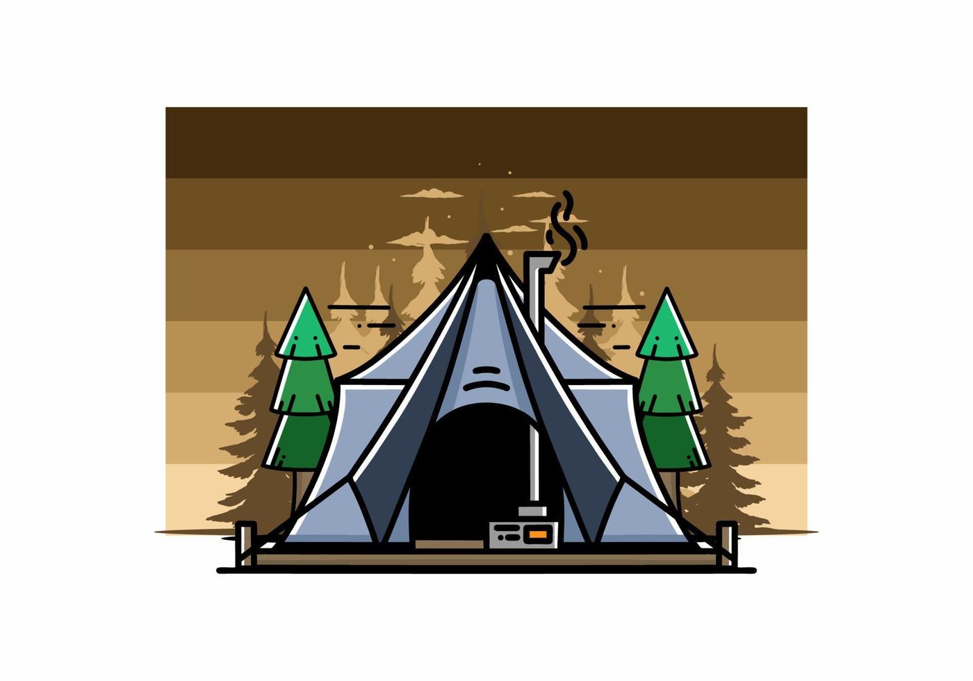 Large glamping tent with heater and chimney illustration design vector