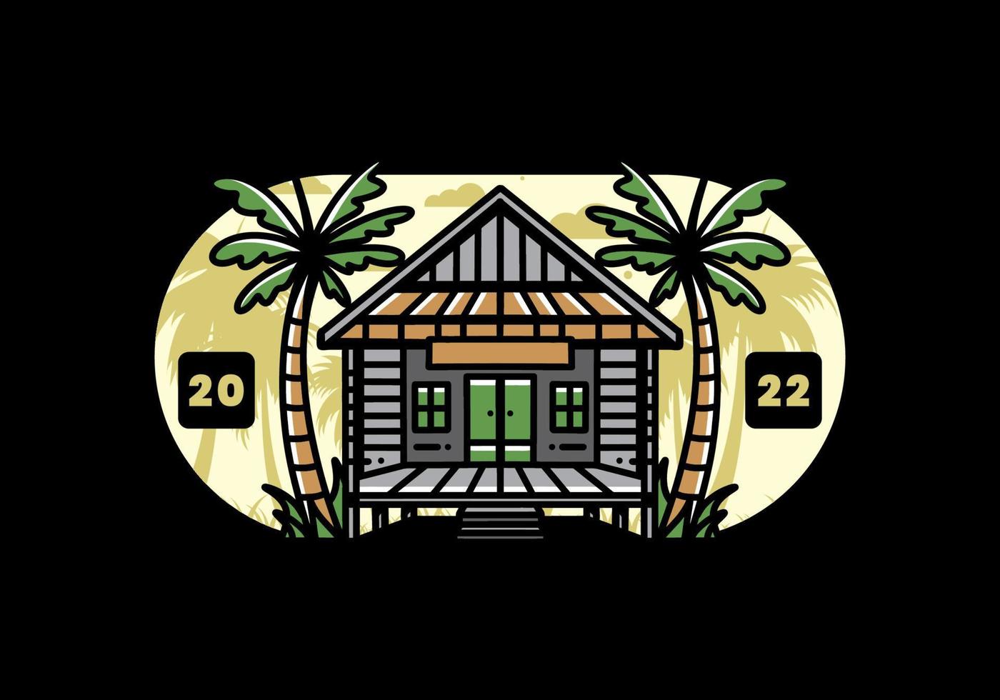 Wood house on the beach illustration badge design vector