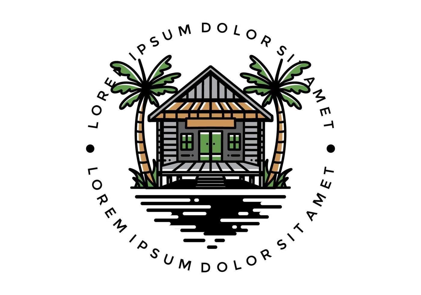 Wood house on the beach illustration badge design vector