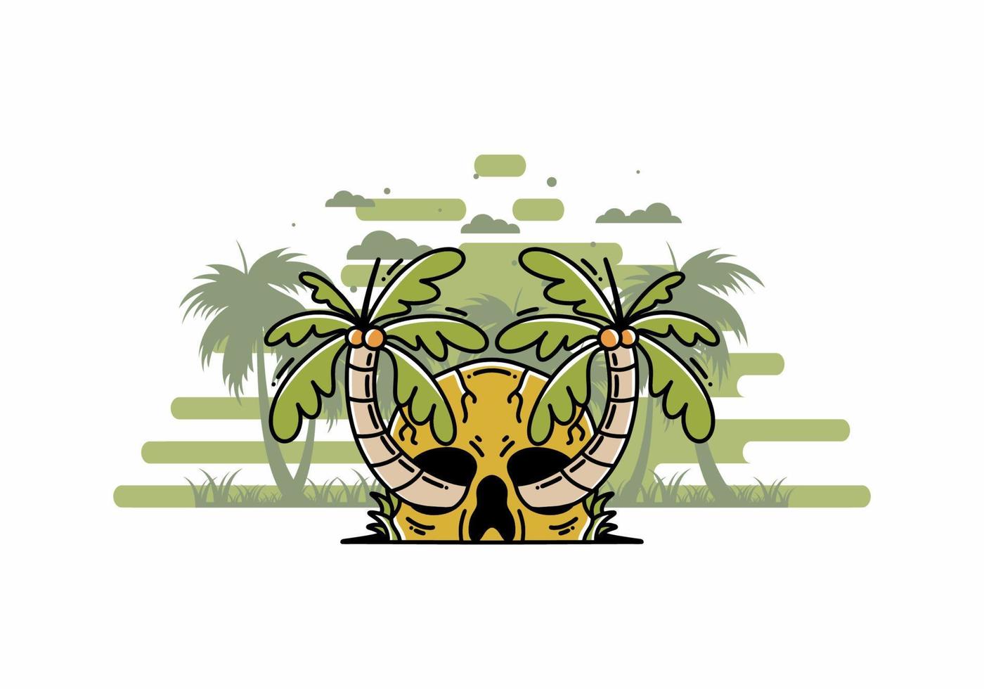 Two coconut trees growing on a skull illustration vector