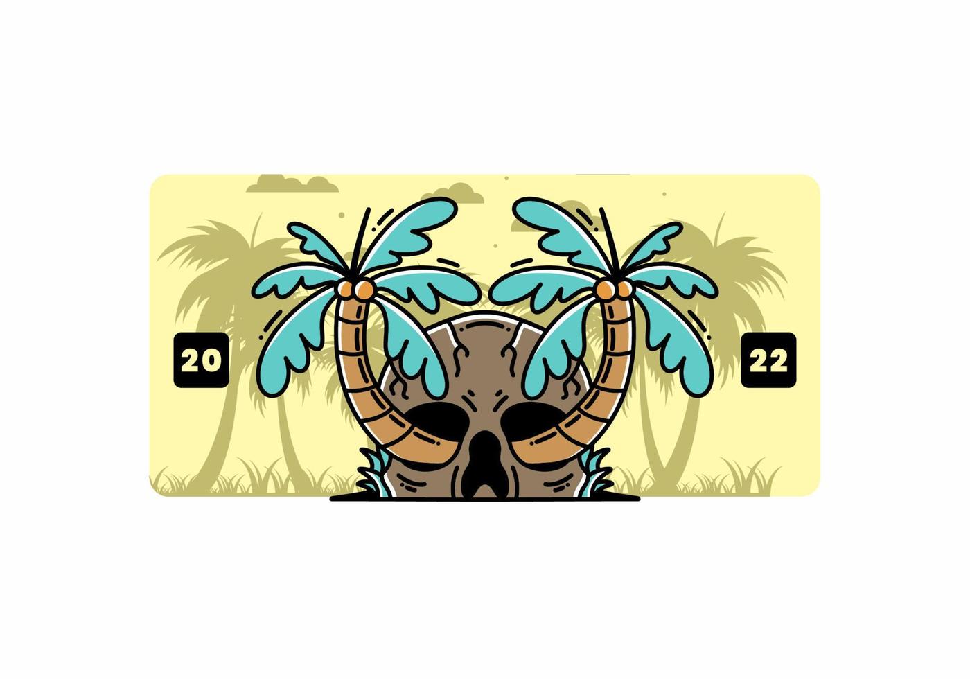 Two coconut trees growing on a skull illustration vector