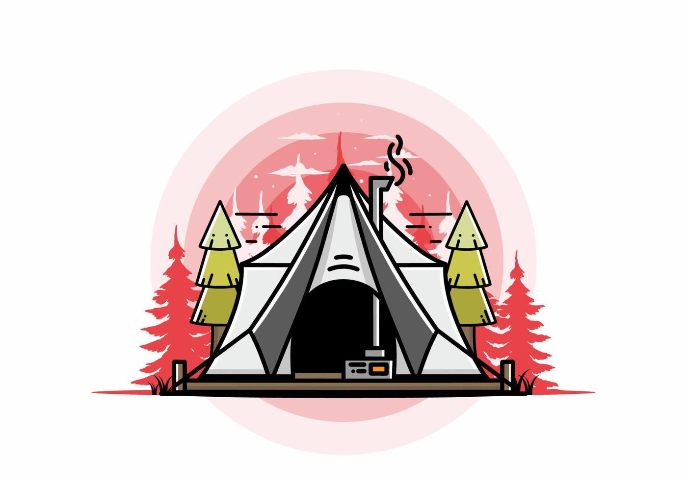 Large glamping tent with heater and chimney illustration design vector
