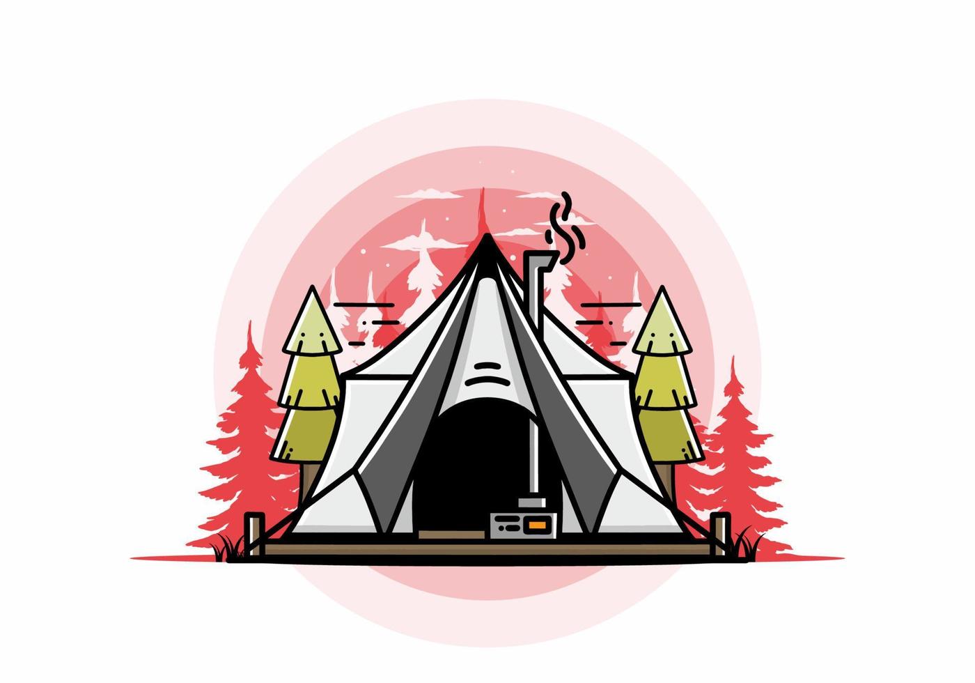 Large glamping tent with heater and chimney illustration design vector