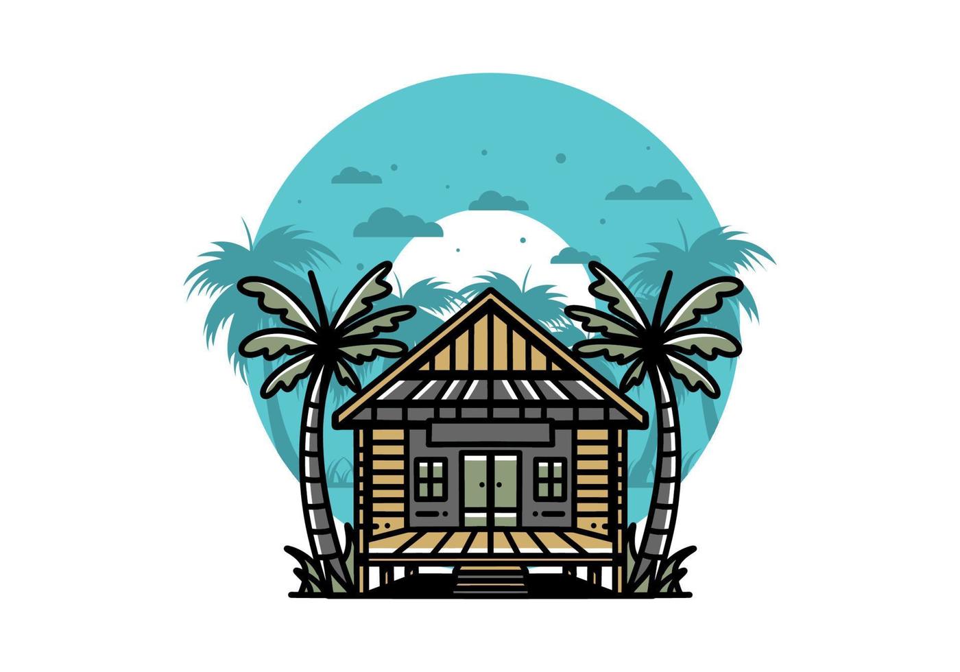 Wood house on the beach illustration badge design vector