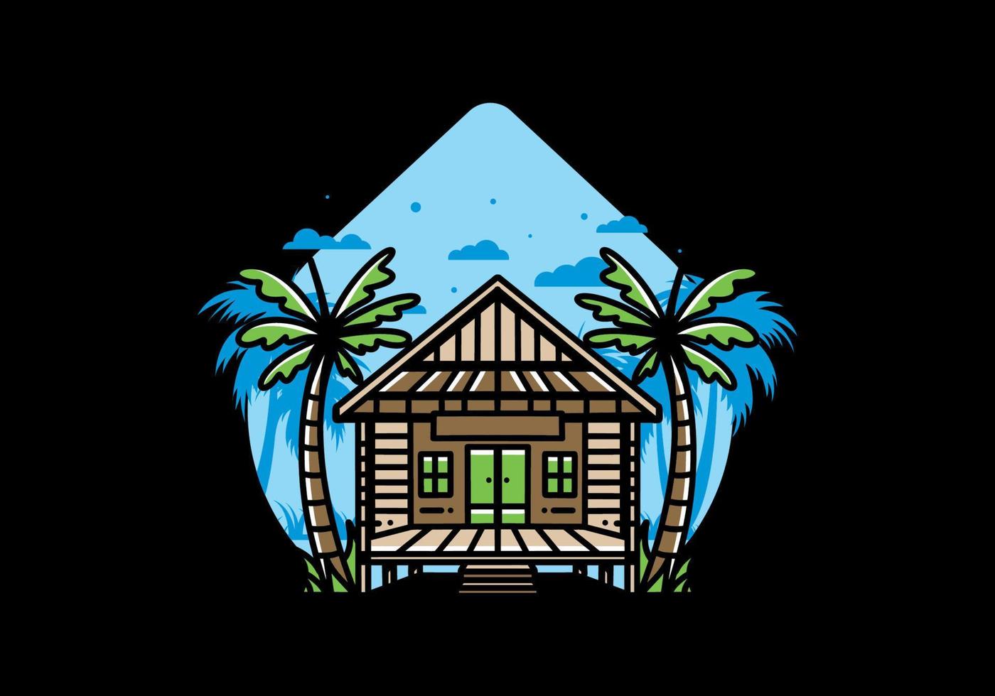 Wood house on the beach illustration badge design vector