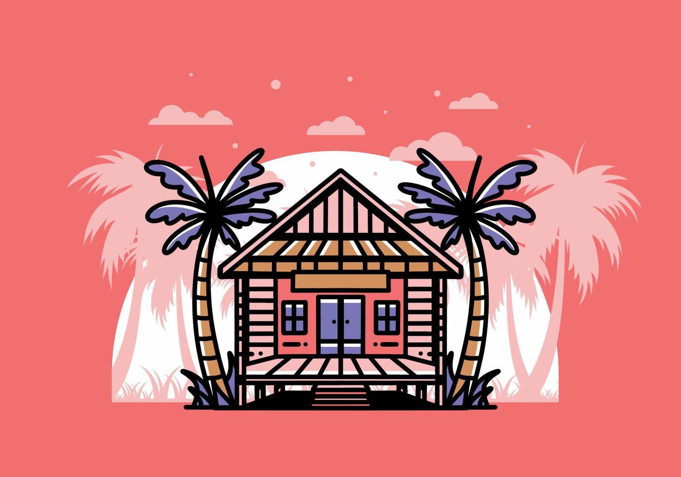 Wood house on the beach illustration badge design vector