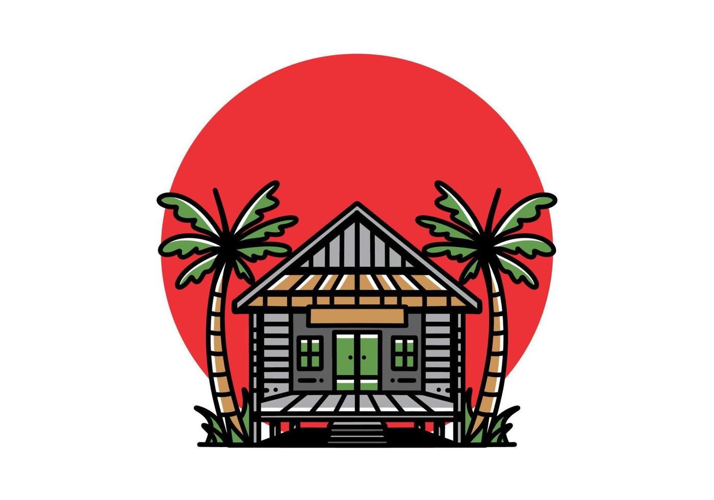 Wood house on the beach illustration badge design vector