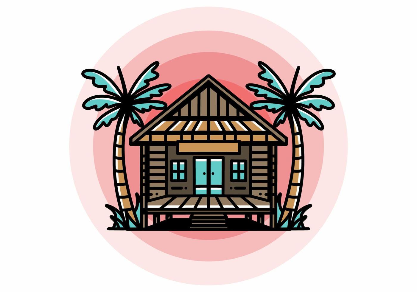 Wood house on the beach illustration badge design vector