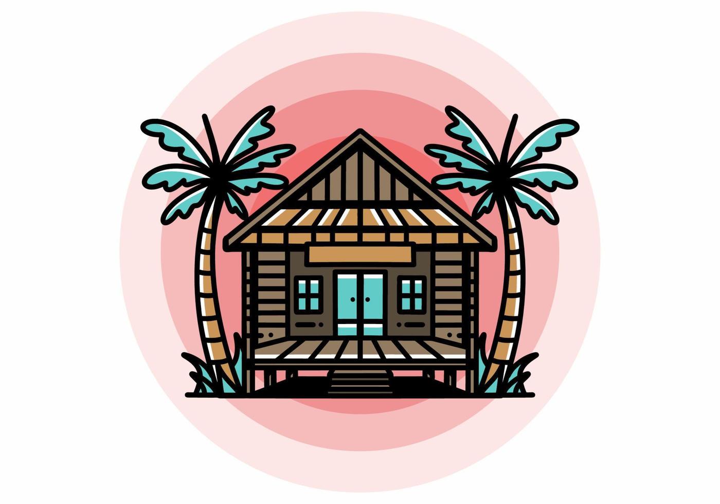 Wood house on the beach illustration badge design vector