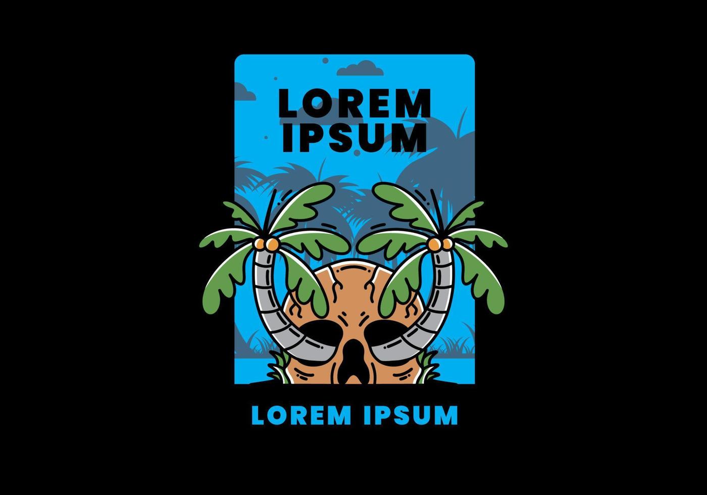 Two coconut trees growing on a skull illustration vector