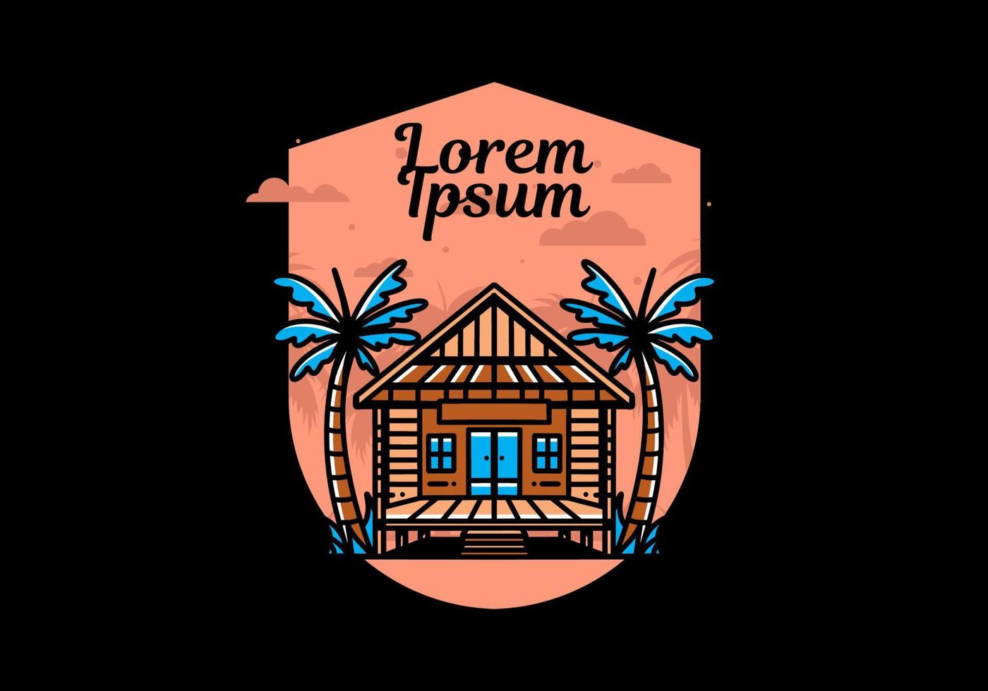 Wood house on the beach illustration badge design vector