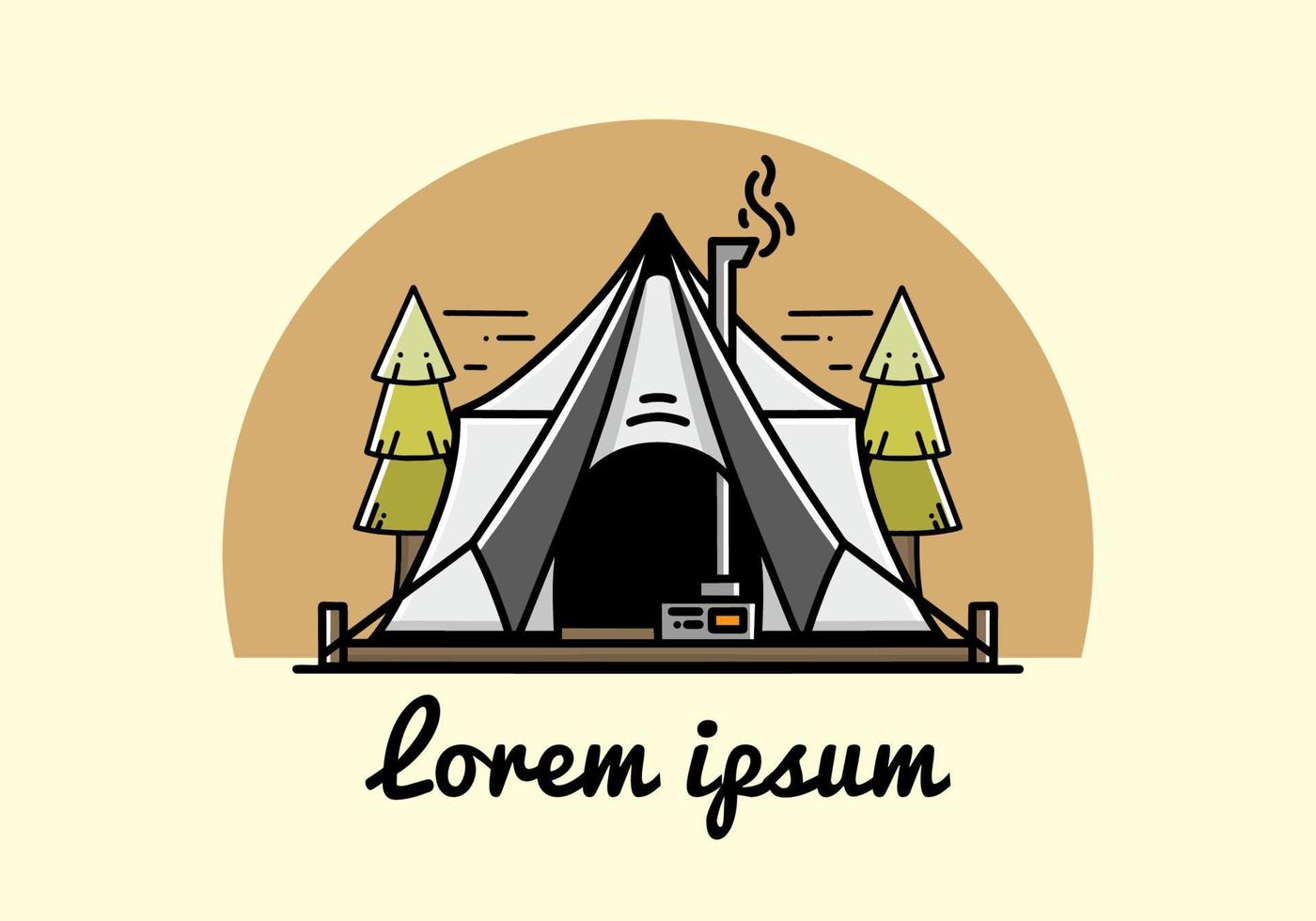 Large glamping tent with heater and chimney illustration design vector