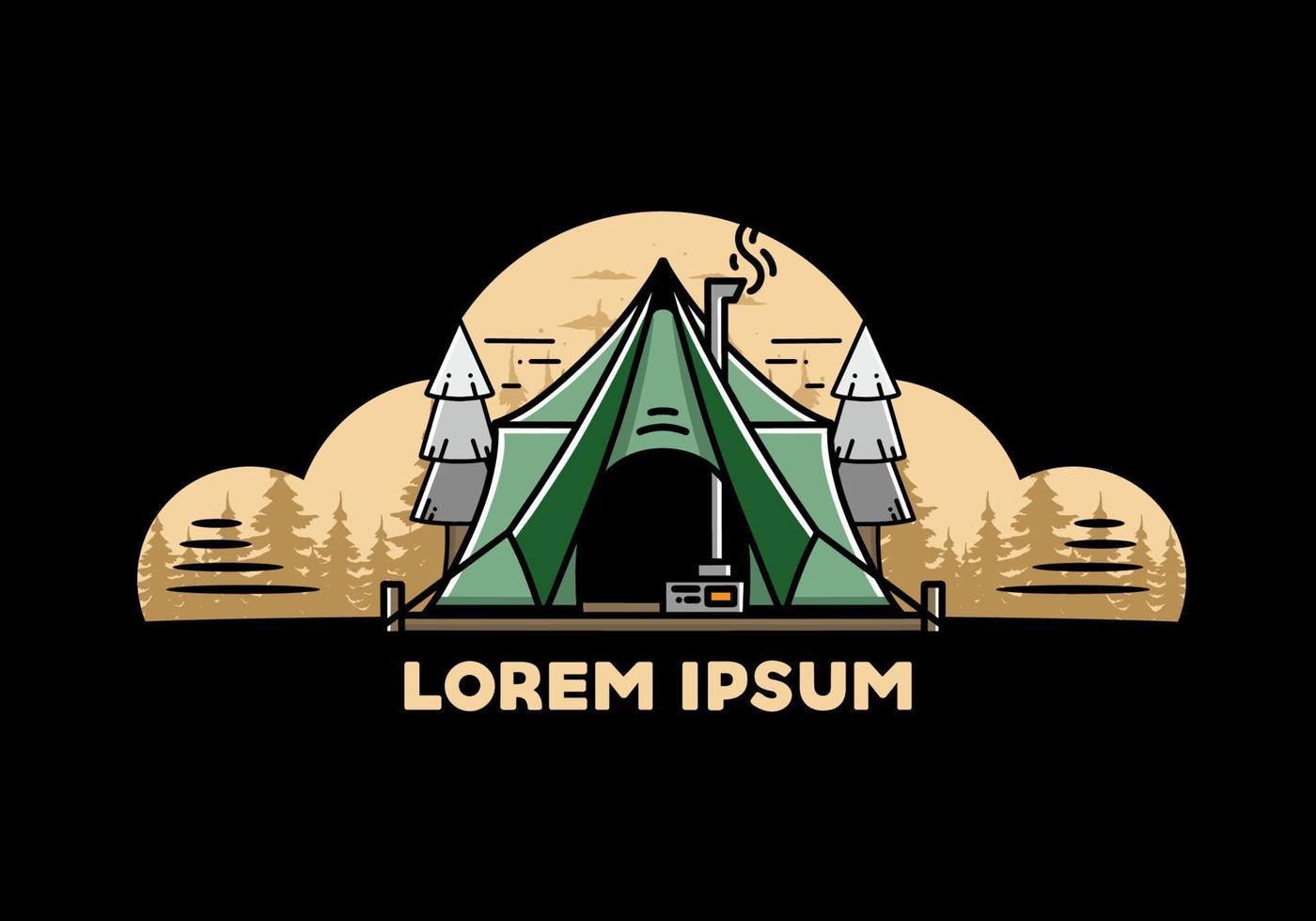 Large glamping tent with heater and chimney illustration design vector