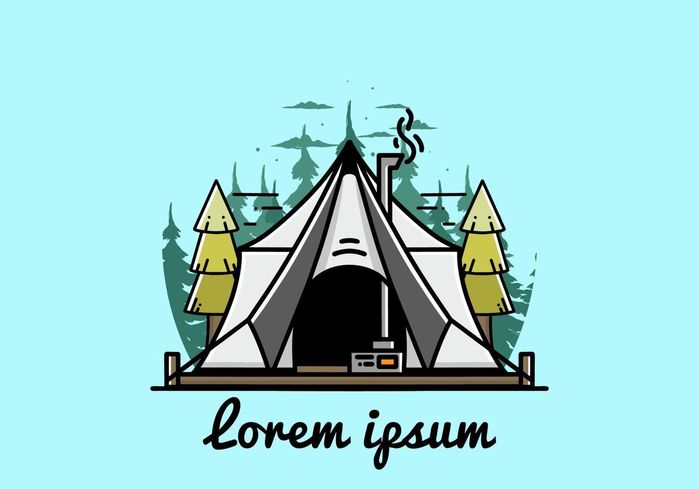 Large glamping tent with heater and chimney illustration design vector