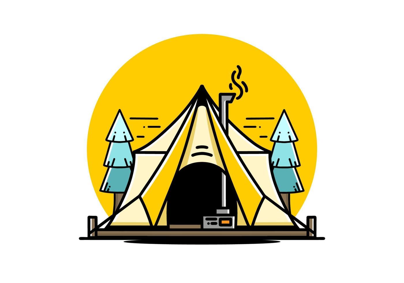 Large glamping tent with heater and chimney illustration design vector