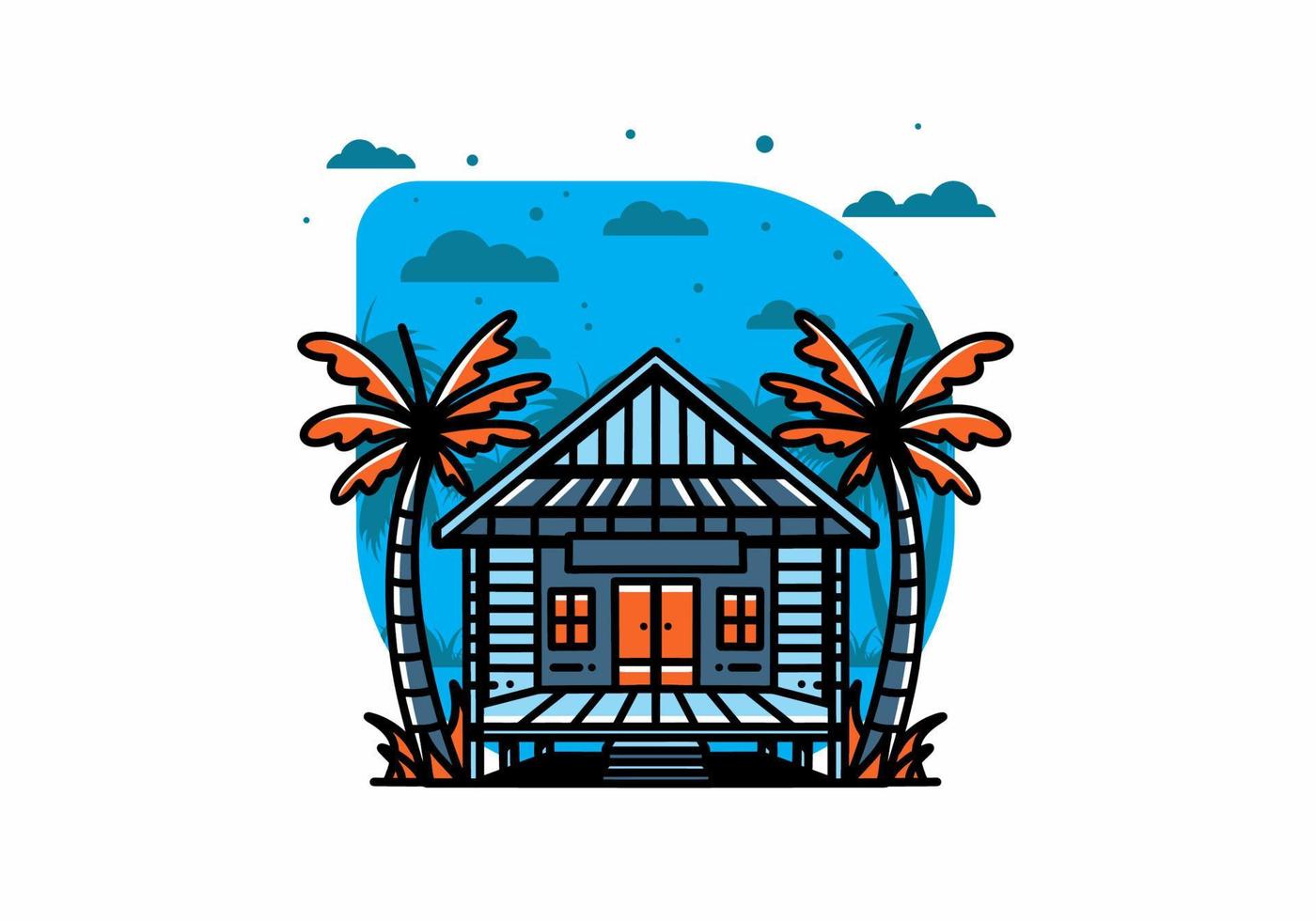 Wood house on the beach illustration badge design vector