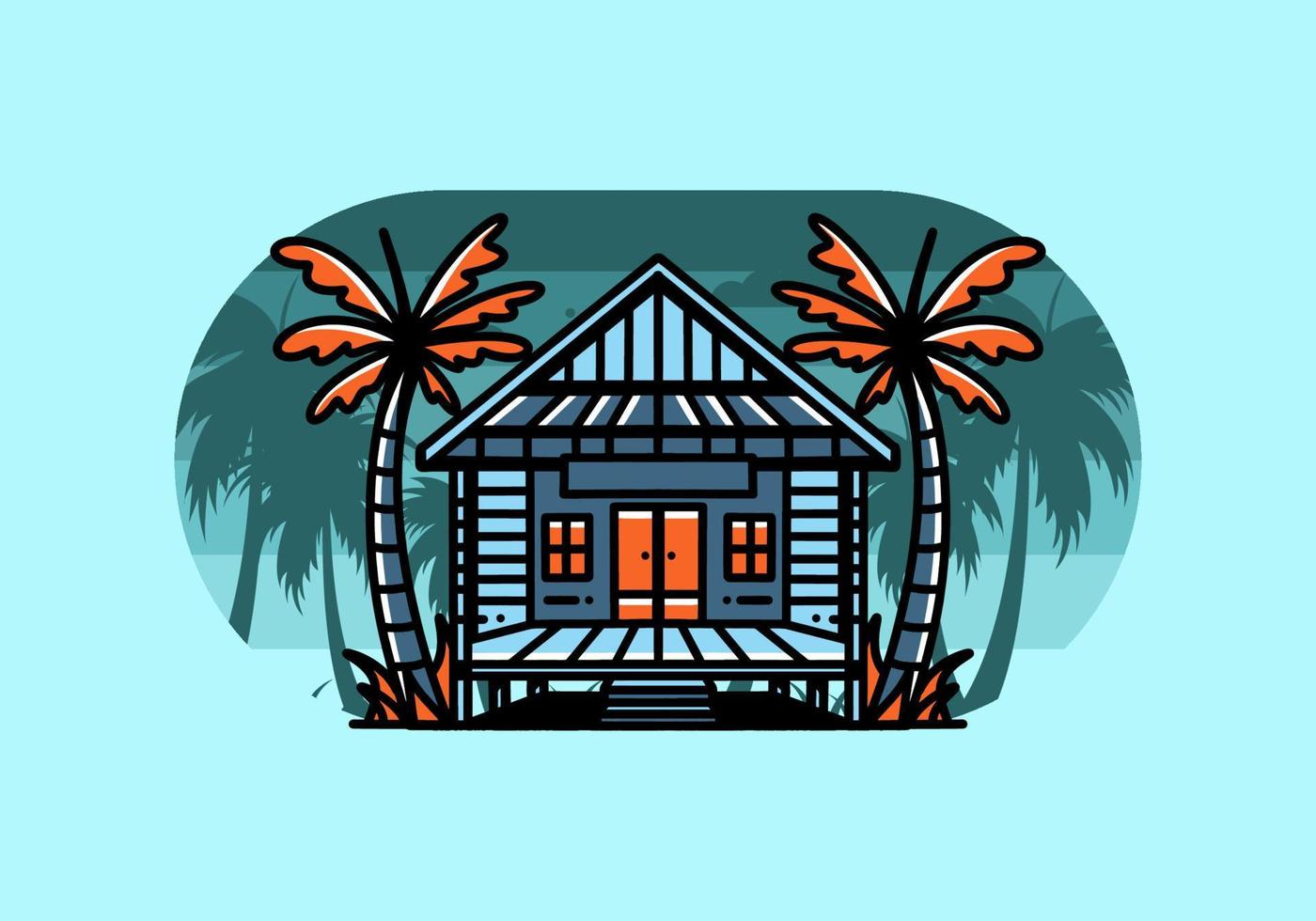 Wood house on the beach illustration badge design vector